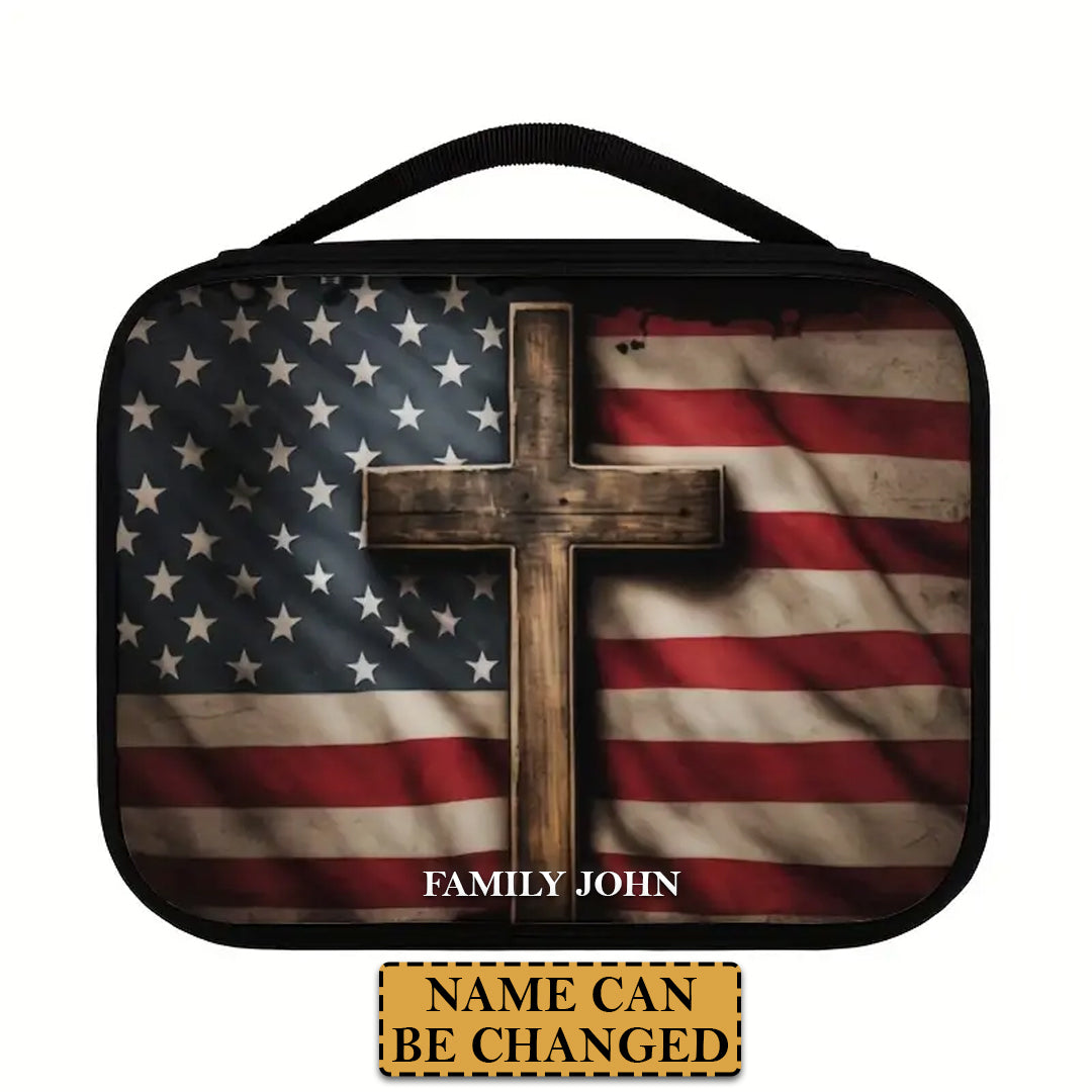 Patriotic American Flag & Cross Canvas Bible Cover – Custom Name Option | CHRISTIANARTBAG