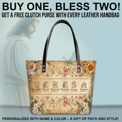 Uncover the sacred meaning of your name - Personalized Leather TOTE Bag Luxury – Free Clutch Purse Gift | CHRISTIANARTBAG