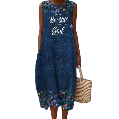 Christian Faith Dress for Women – “God Says I Am” Denim Print Maxi Dress with Bible Verses | Inspirational Religious Summer Dress