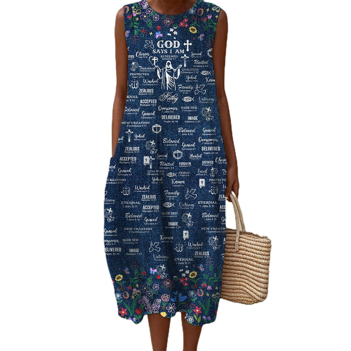 Christian Faith Dress for Women – “God Says I Am” Denim Print Maxi Dress with Bible Verses | Inspirational Religious Summer Dress