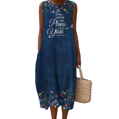 Christian Faith Dress for Women – “God Says I Am” Denim Print Maxi Dress with Bible Verses | Inspirational Religious Summer Dress
