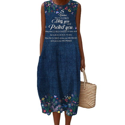 Christian Faith Dress for Women – “God Says I Am” Denim Print Maxi Dress with Bible Verses | Inspirational Religious Summer Dress