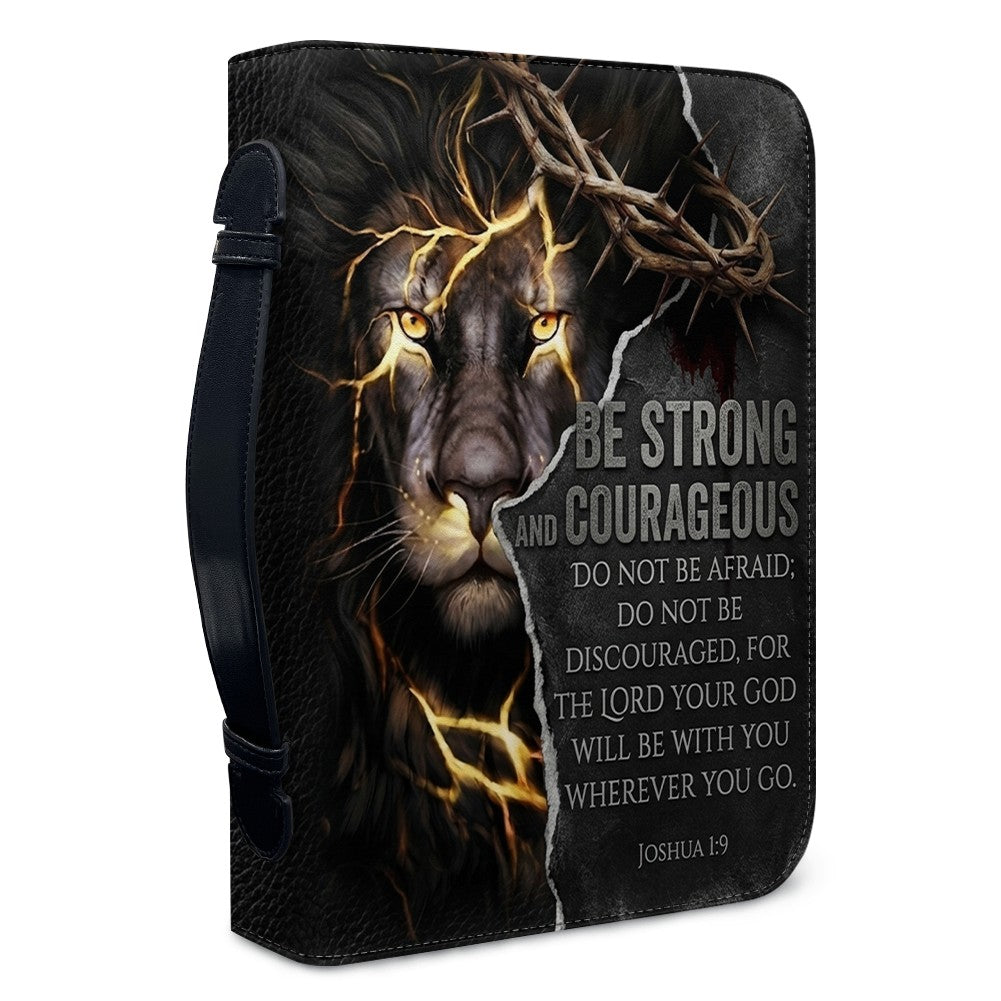 Personalized Lion Bible Cover with Name - Be Strong and Courageous Custom Leather Bible Carrying Bag Case for Men - CHRISTIANARTBAG 01081826