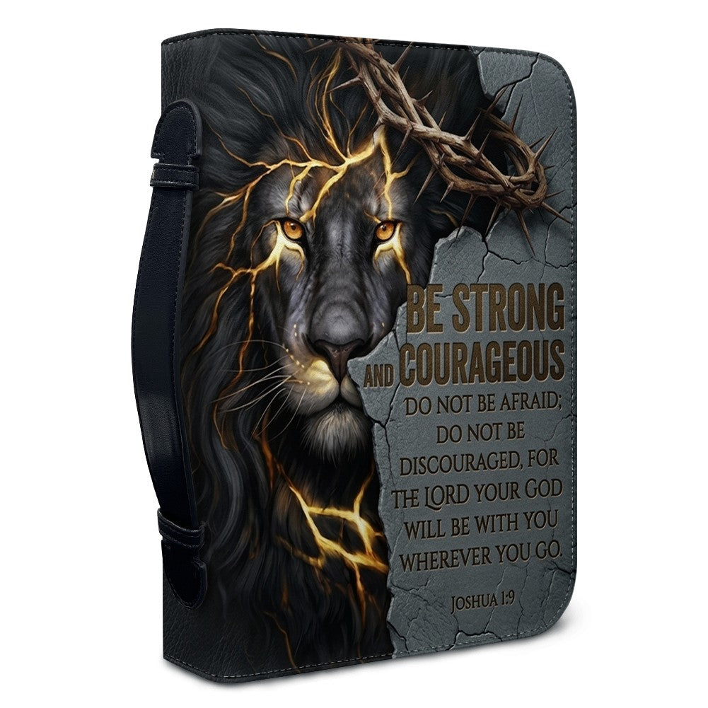 Personalized Lion Bible Cover with Name - Be Strong and Courageous Custom Leather Bible Carrying Bag Case for Men - CHRISTIANARTBAG 01081826