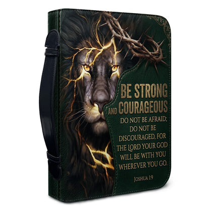 Personalized Lion Bible Cover with Name - Be Strong and Courageous Custom Leather Bible Carrying Bag Case for Men - CHRISTIANARTBAG 01081826