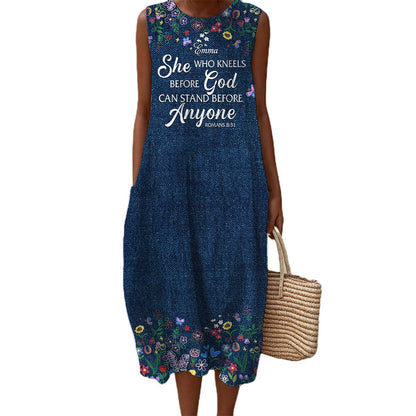 Christian Faith Dress for Women – “God Says I Am” Denim Print Maxi Dress with Bible Verses | Inspirational Religious Summer Dress