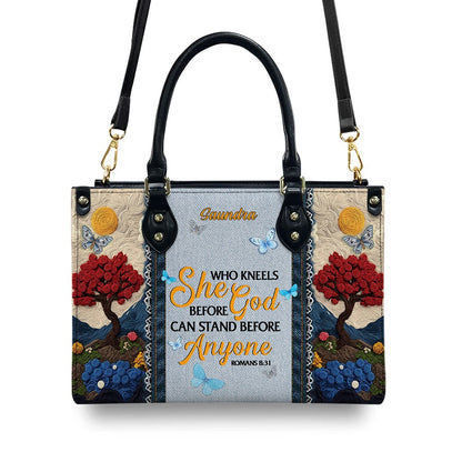 Christianartbag Handbags, She Who Kneels Before God Romans 8 31, Embroidered Handbag Design, Monogram Leather Handbag, Gifts for Women, CABLTB014825