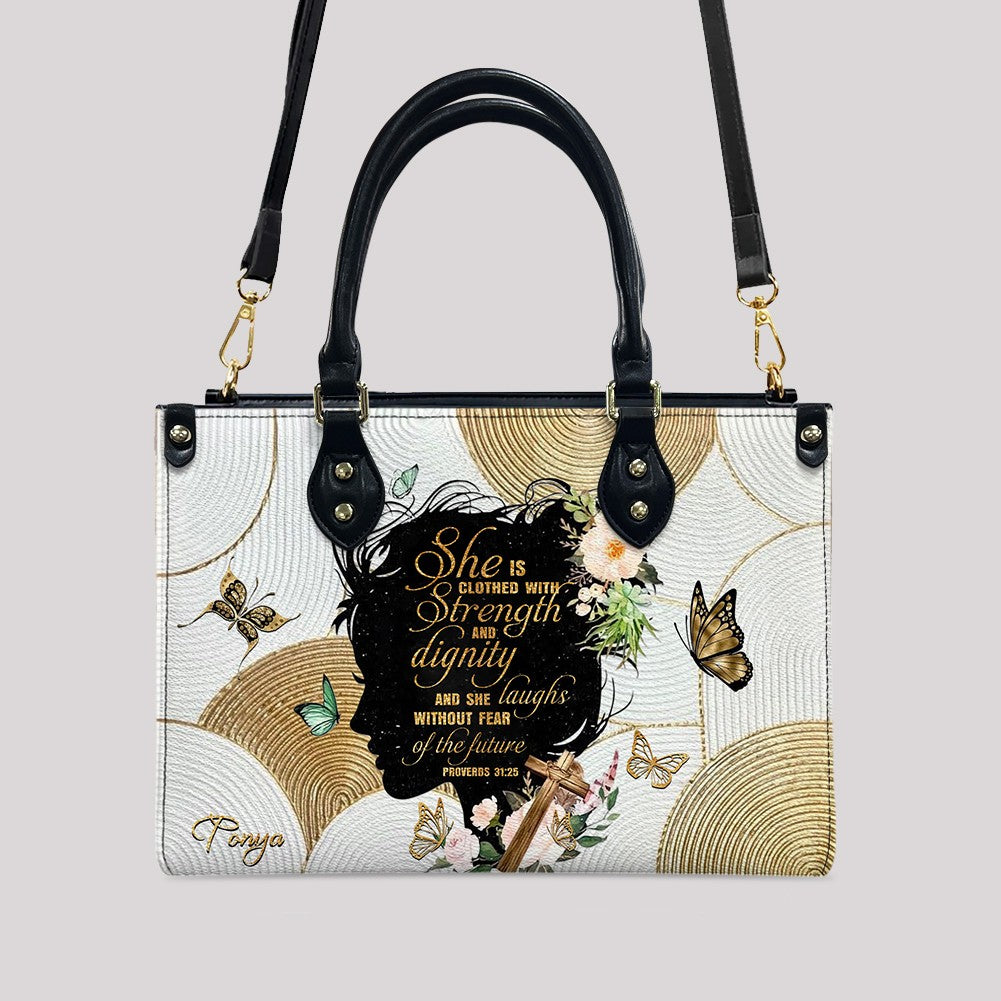 Personalized Christian Handbag – Proverbs 31:25 “Clothed in Strength and Dignity” – Custom Name Faith Tote Bag for Women