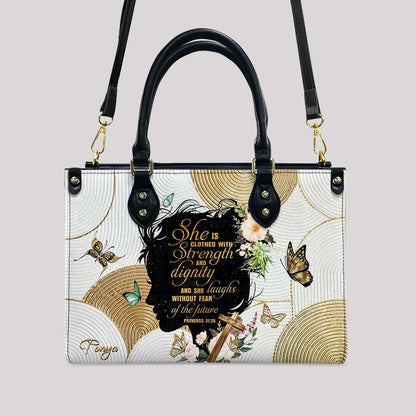 Personalized Christian Handbag – Proverbs 31:25 “Clothed in Strength and Dignity” – Custom Name Faith Tote Bag for Women
