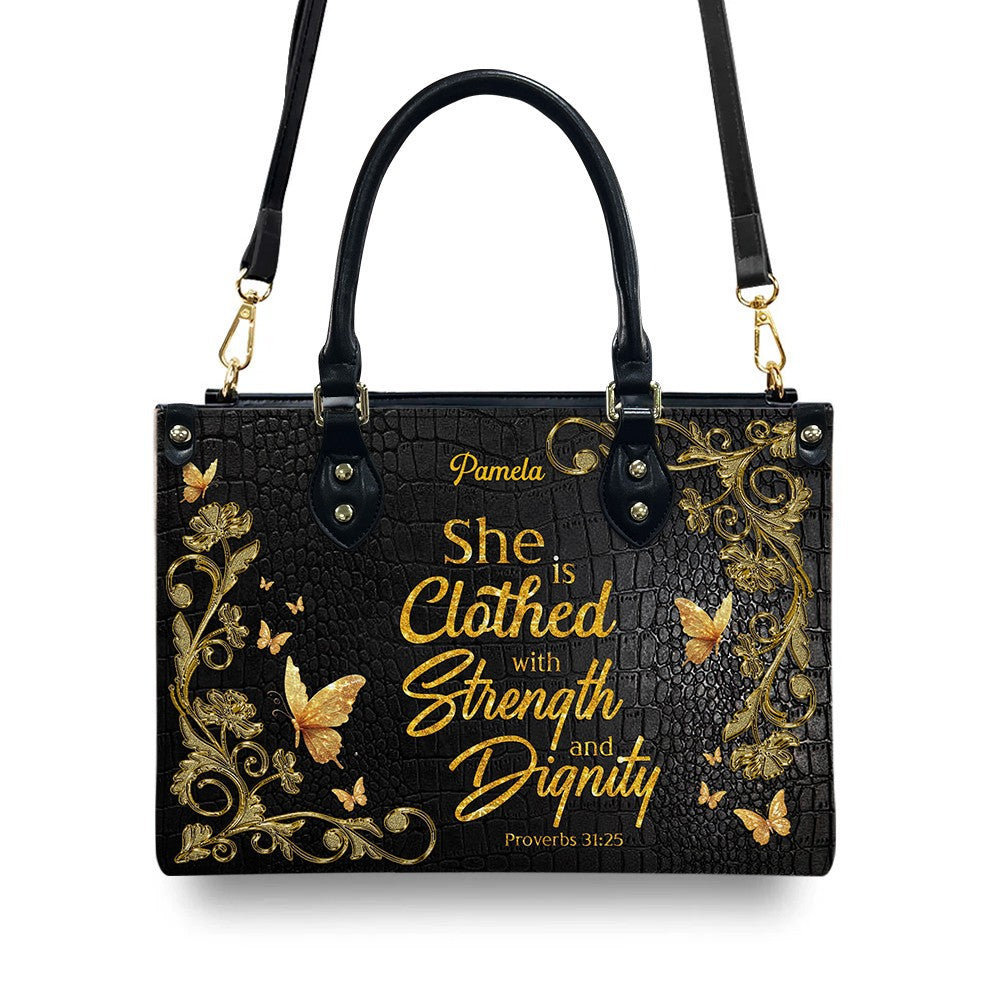Personalized Leather Handbag – Blessed Mom – She is clothed with strength and dignity – Proverbs 31:25 | CHRISTIANARTBAG