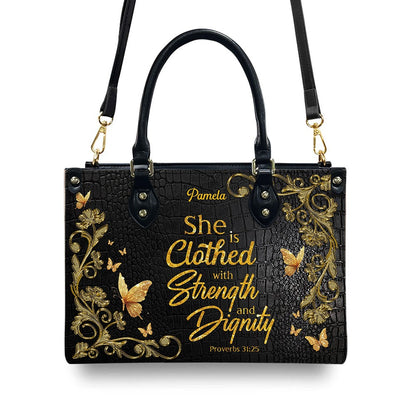 Personalized Leather Handbag – Blessed Mom – She is clothed with strength and dignity – Proverbs 31:25 | CHRISTIANARTBAG