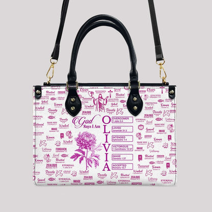 Personalized Leather Tote Bag with Name & Birth Month Flower – Custom Christian Handbag