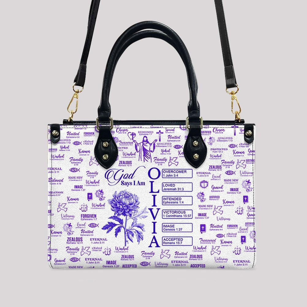 Personalized Leather Tote Bag with Name & Birth Month Flower – Custom Christian Handbag