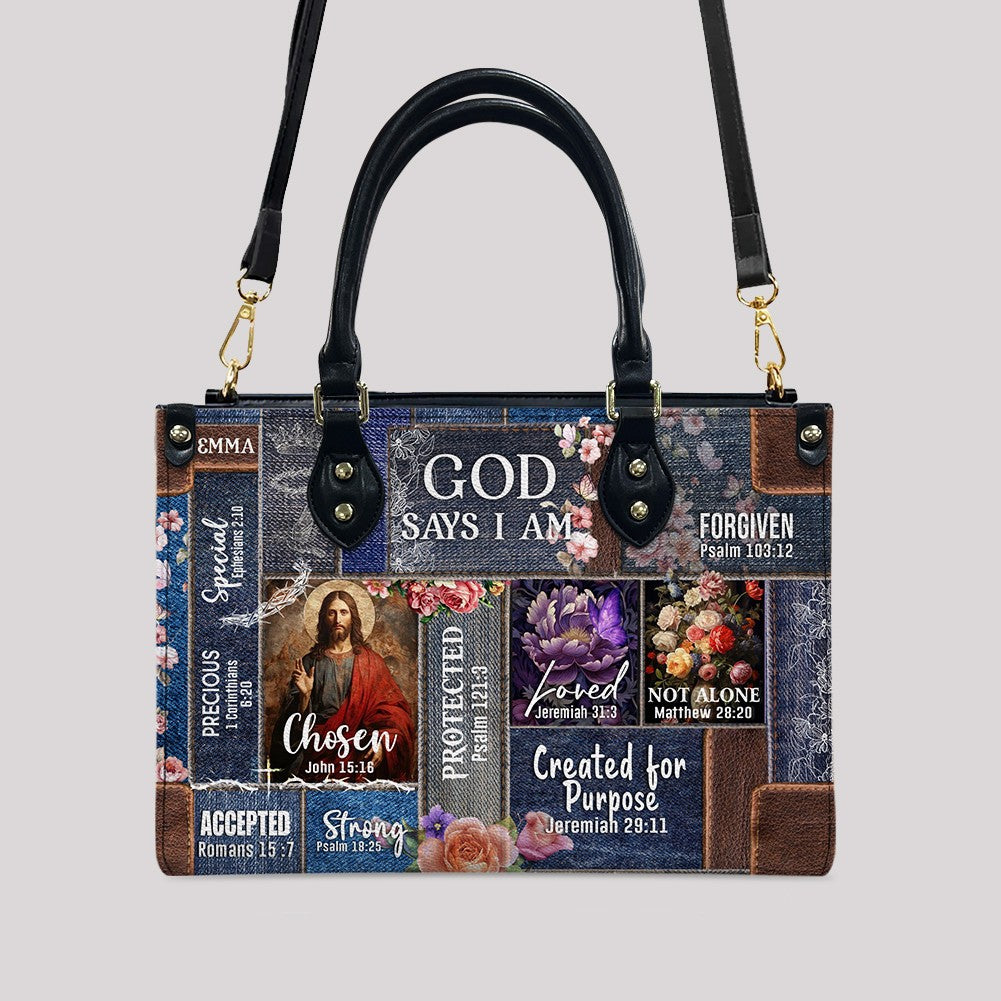 Personalized Christian Handbag | Leather Denim Floral Purse | GOD Says I Am | Custom Bible Bag by CHRISTIANARTBAG