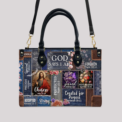 Personalized Christian Handbag | Leather Denim Floral Purse | GOD Says I Am | Custom Bible Bag by CHRISTIANARTBAG