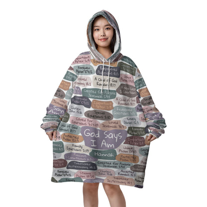 Christianartbag Hoodie Blanket, GOD Says I Am Personalized Hoodie Blanket, Flannel Fleece Hooded Blanket with Pocket, CABHB03071023. - Christian Art Bag