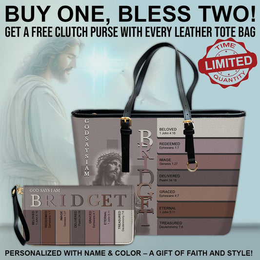 Uncover the sacred meaning of your name - Personalized Leather TOTE Bag – Free Clutch Purse Gift | CHRISTIANARTBAG