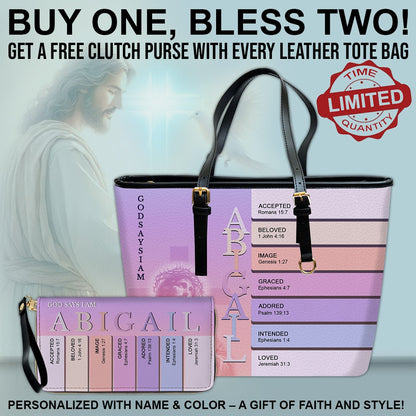 Uncover the sacred meaning of your name - Personalized Leather TOTE Bag – Free Clutch Purse Gift | CHRISTIANARTBAG