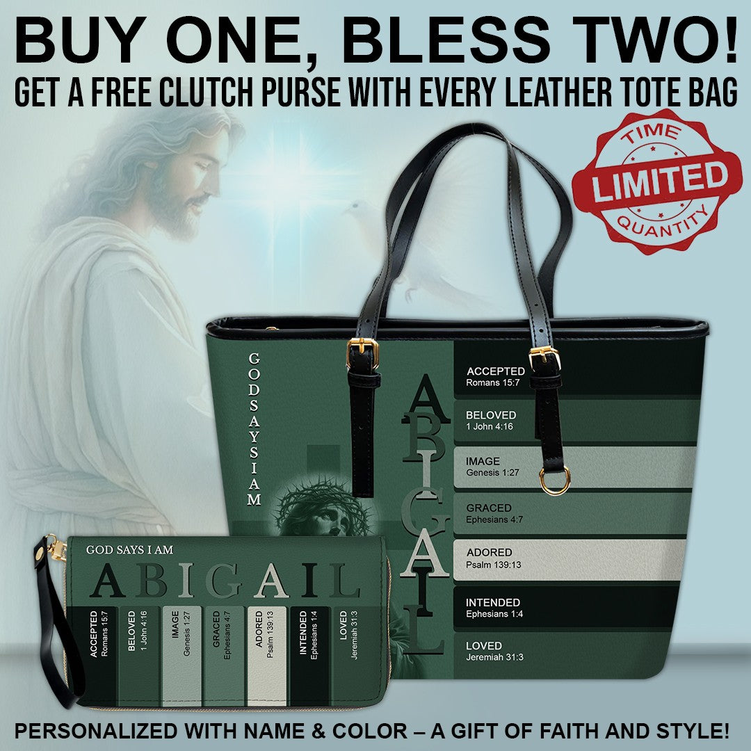 Uncover the sacred meaning of your name - Personalized Leather TOTE Bag – Free Clutch Purse Gift | CHRISTIANARTBAG