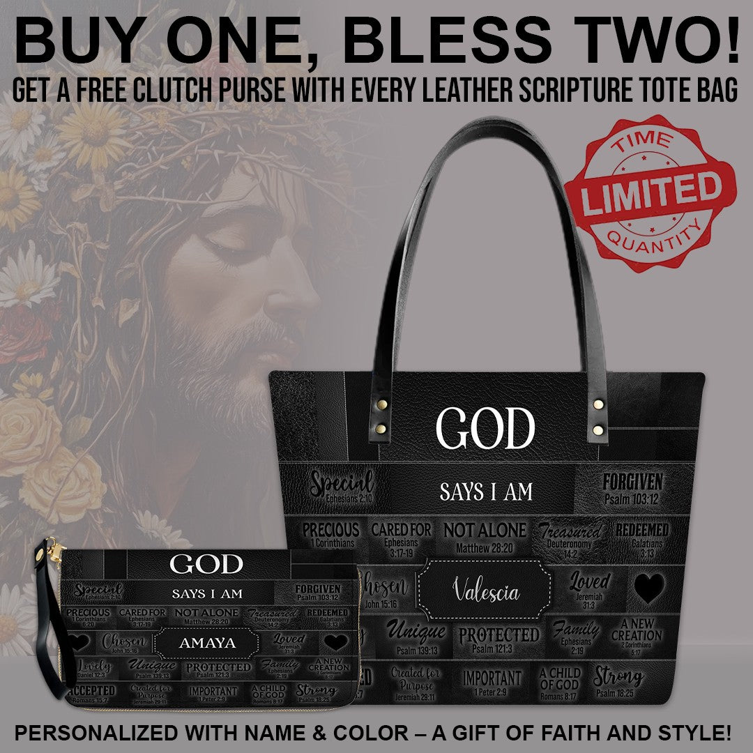 GOD Says I Am - Personalized Christian Leather Tote – God Says I Am Bible Verse Handbag – Free Clutch Purse Gift | CHRISTIANARTBAG