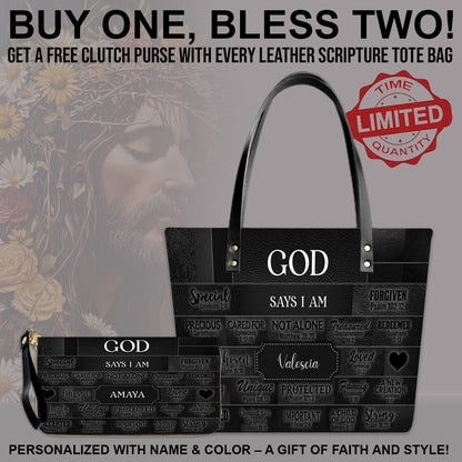 GOD Says I Am - Personalized Christian Leather Tote – God Says I Am Bible Verse Handbag – Free Clutch Purse Gift | CHRISTIANARTBAG