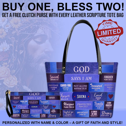 GOD Says I Am - Personalized Christian Leather Tote – God Says I Am Bible Verse Handbag – Free Clutch Purse Gift | CHRISTIANARTBAG