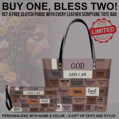 GOD Says I Am - Personalized Christian Leather Tote – God Says I Am Bible Verse Handbag – Free Clutch Purse Gift | CHRISTIANARTBAG