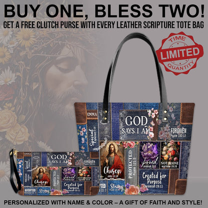 GOD Says I Am - Personalized Christian Leather Tote – God Says I Am Bible Verse Handbag – Free Clutch Purse Gift | CHRISTIANARTBAG