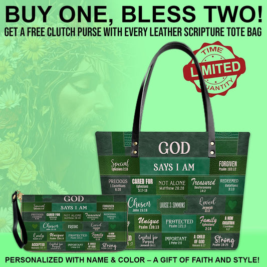 GOD Says I Am - Personalized Christian Leather Tote – God Says I Am Bible Verse Handbag – Free Clutch Purse Gift | CHRISTIANARTBAG