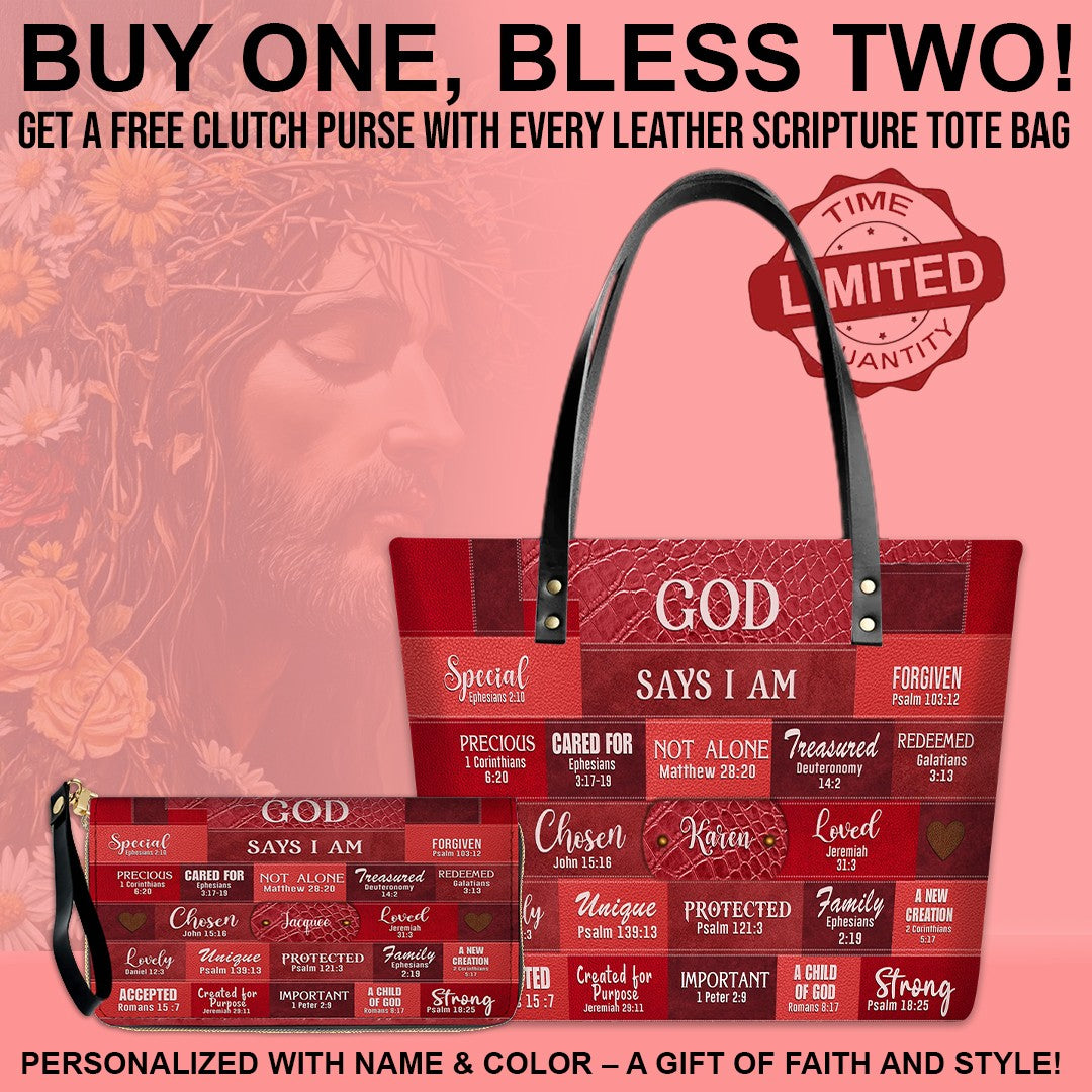 GOD Says I Am - Personalized Christian Leather Tote – God Says I Am Bible Verse Handbag – Free Clutch Purse Gift | CHRISTIANARTBAG