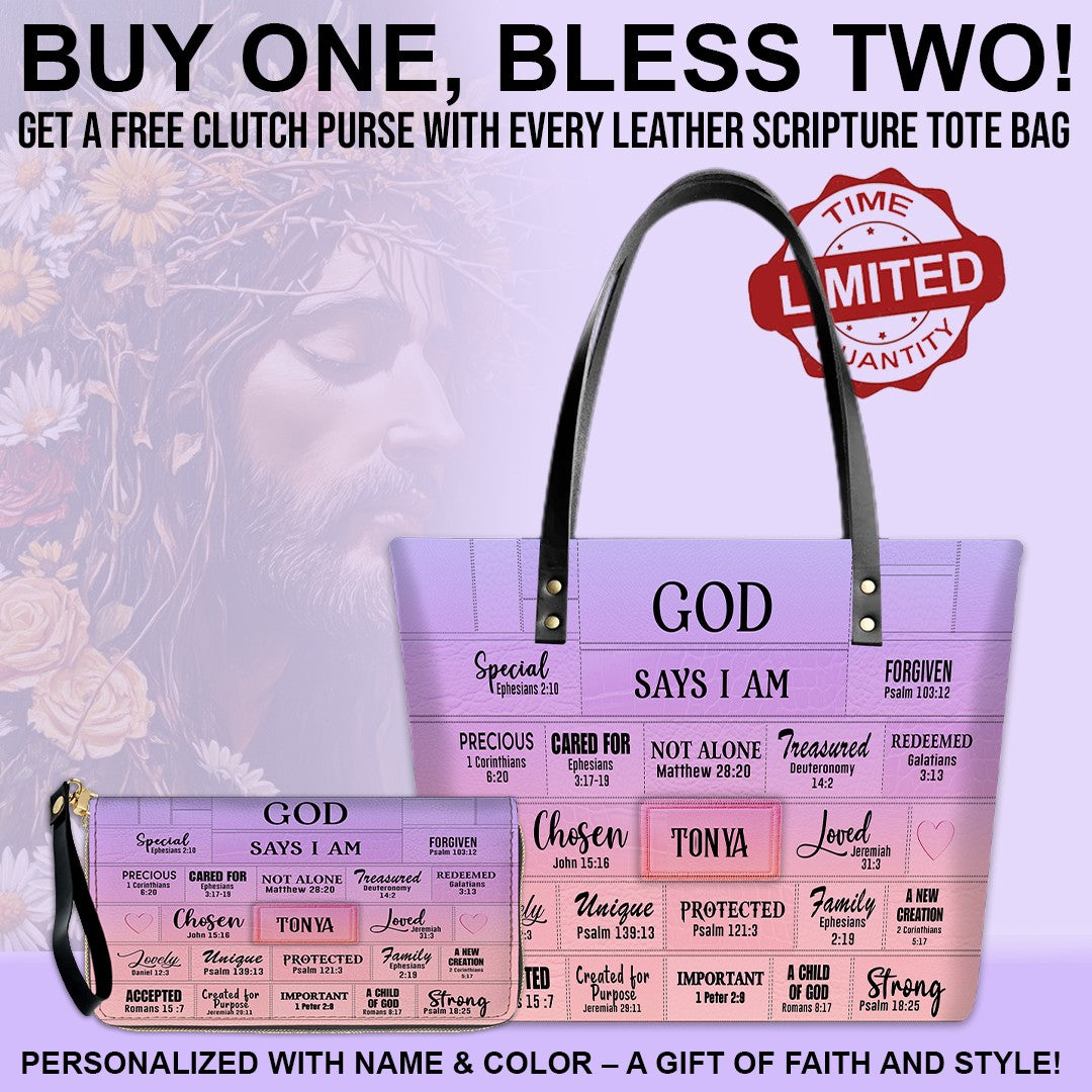 GOD Says I Am - Personalized Christian Leather Tote – God Says I Am Bible Verse Handbag – Free Clutch Purse Gift | CHRISTIANARTBAG