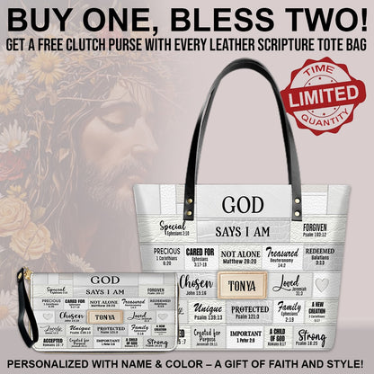 GOD Says I Am - Personalized Christian Leather Tote – God Says I Am Bible Verse Handbag – Free Clutch Purse Gift | CHRISTIANARTBAG