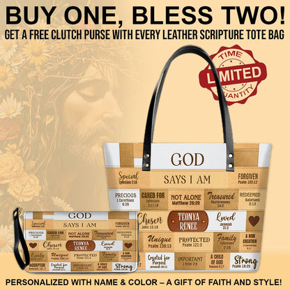 GOD Says I Am - Personalized Christian Leather Tote – God Says I Am Bible Verse Handbag – Free Clutch Purse Gift | CHRISTIANARTBAG