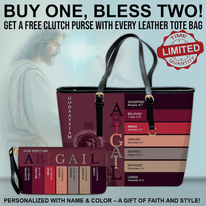 Uncover the sacred meaning of your name - Personalized Leather TOTE Bag – Free Clutch Purse Gift | CHRISTIANARTBAG