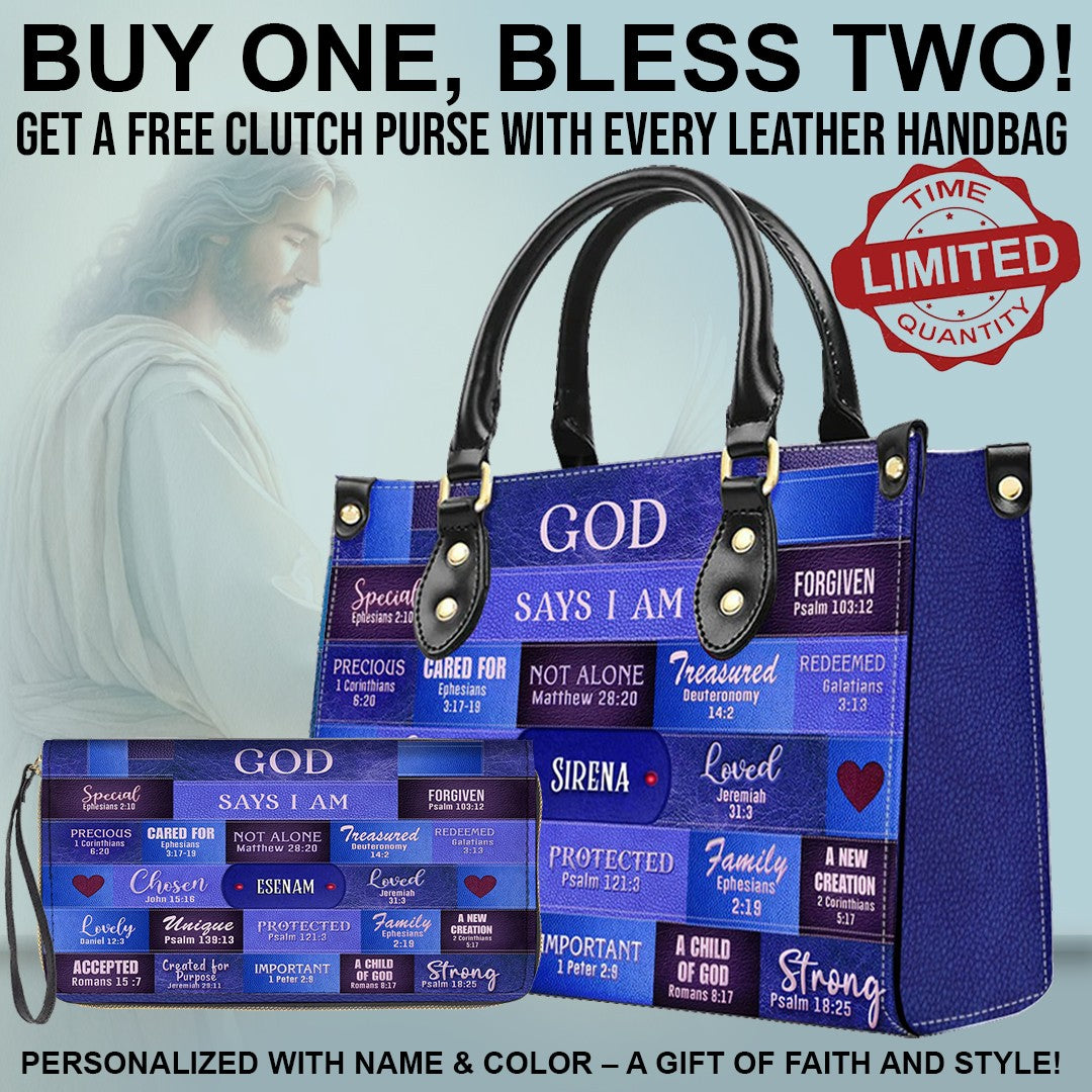 CHRISTIANARTBAG Bible Cover - GOD Says I Am - Free Clutch Purse with Personalized Leather Handbag.