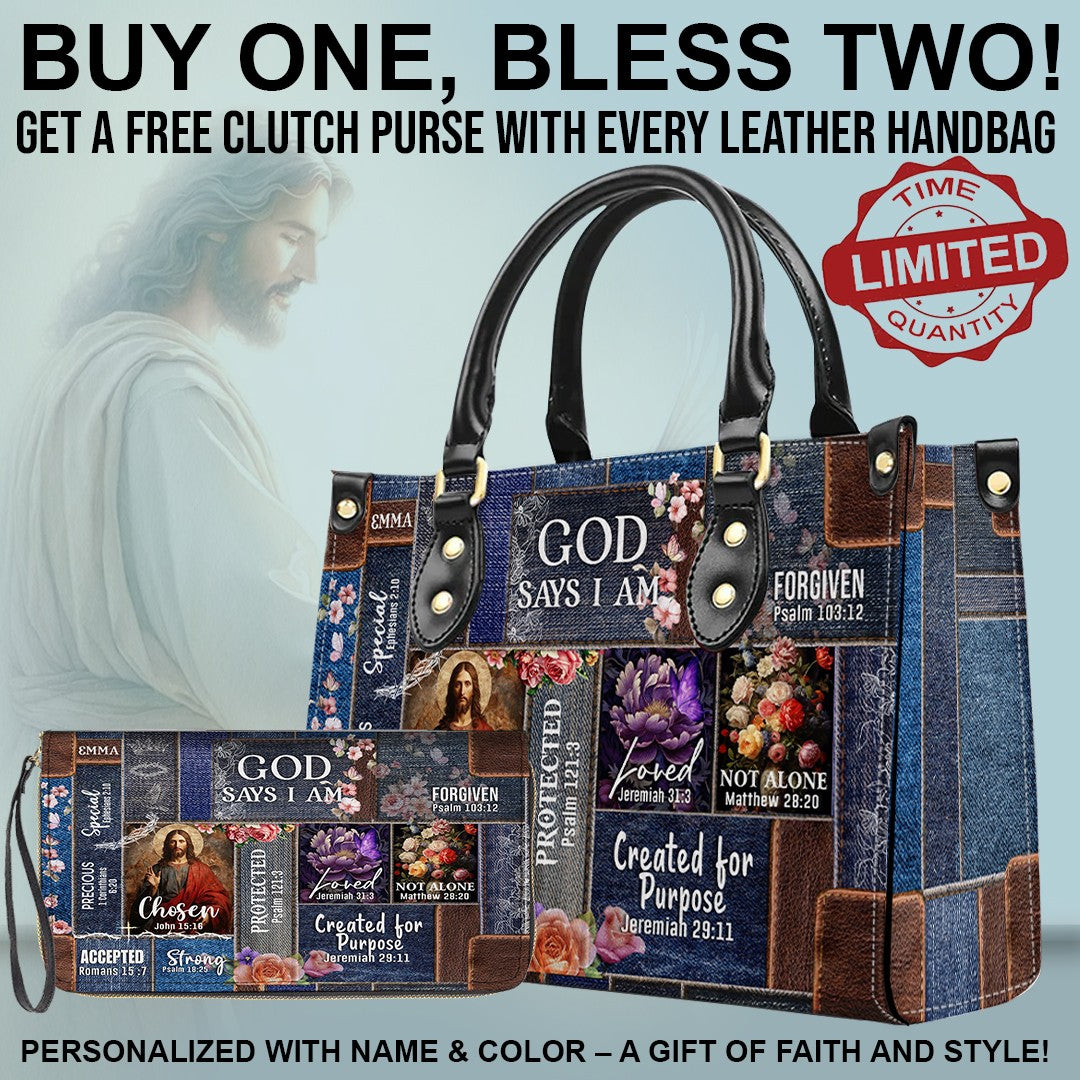 CHRISTIANARTBAG Bible Cover - GOD Says I Am - Free Clutch Purse with Personalized Leather Handbag.