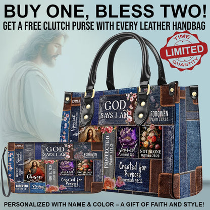 CHRISTIANARTBAG Bible Cover - GOD Says I Am - Free Clutch Purse with Personalized Leather Handbag.