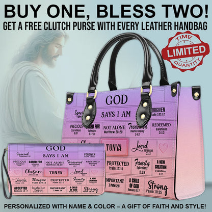 CHRISTIANARTBAG Bible Cover - GOD Says I Am - Free Clutch Purse with Personalized Leather Handbag.