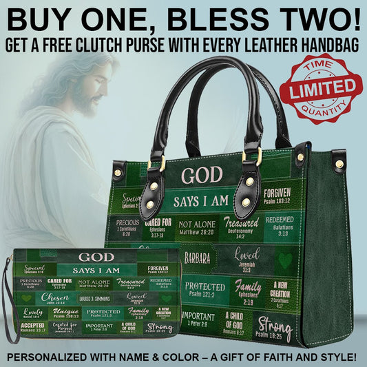 CHRISTIANARTBAG Bible Cover - GOD Says I Am - Free Clutch Purse with Personalized Leather Handbag.
