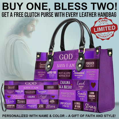 CHRISTIANARTBAG Bible Cover - GOD Says I Am - Free Clutch Purse with Personalized Leather Handbag.