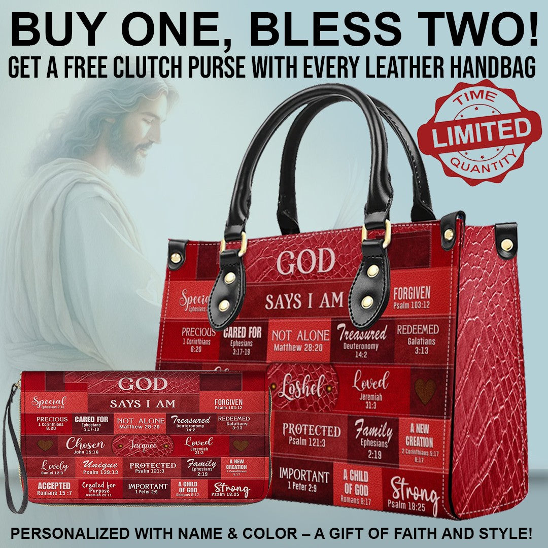 CHRISTIANARTBAG Bible Cover - GOD Says I Am - Free Clutch Purse with Personalized Leather Handbag.