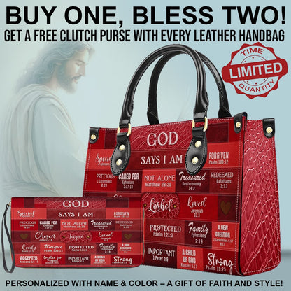 CHRISTIANARTBAG Bible Cover - GOD Says I Am - Free Clutch Purse with Personalized Leather Handbag.