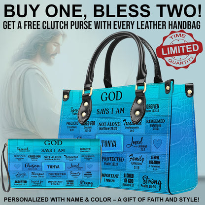 CHRISTIANARTBAG Bible Cover - GOD Says I Am - Free Clutch Purse with Personalized Leather Handbag.