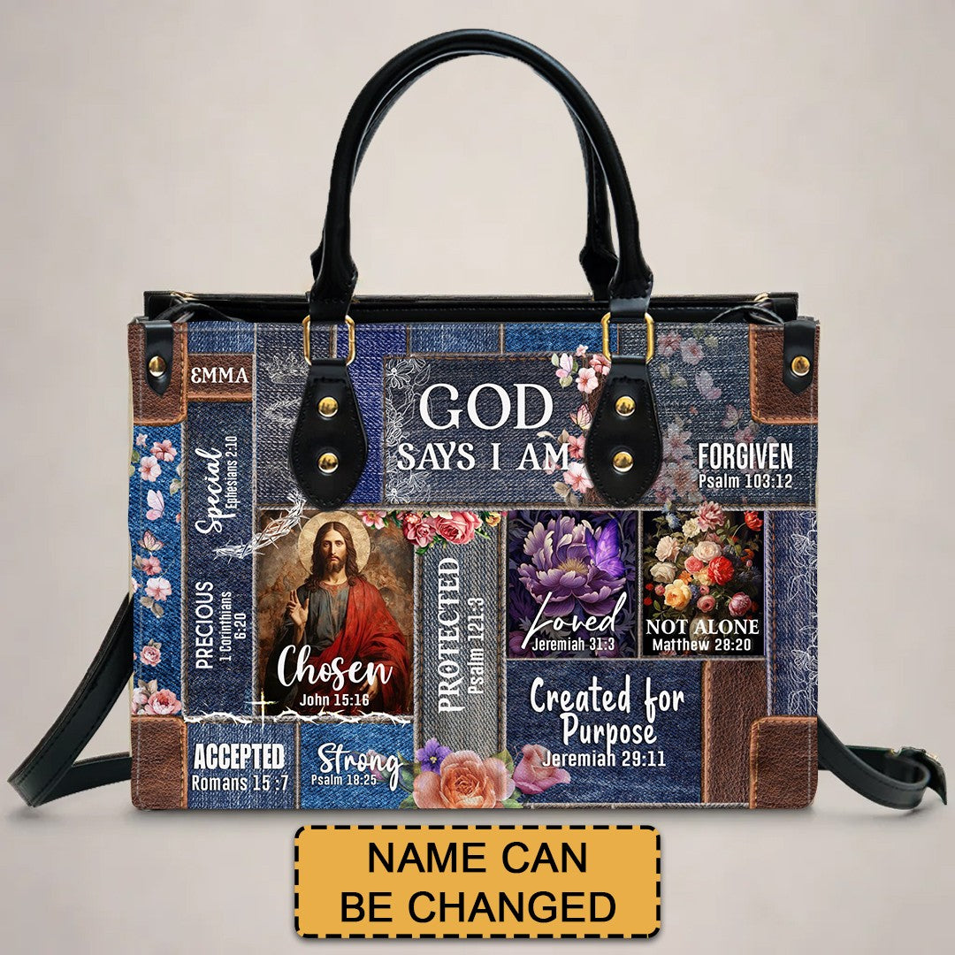 Personalized Christian Handbag | Leather Denim Floral Purse | GOD Says I Am | Custom Bible Bag by CHRISTIANARTBAG