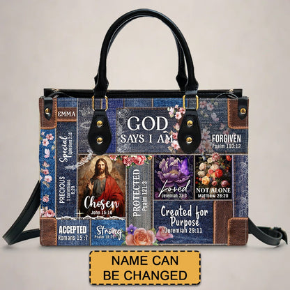 Personalized Christian Handbag | Leather Denim Floral Purse | GOD Says I Am | Custom Bible Bag by CHRISTIANARTBAG