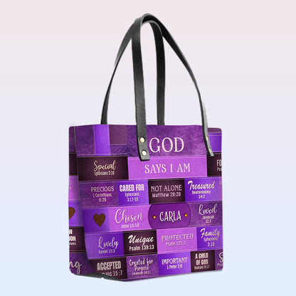GOD Says I Am - Personalized Christian Leather Tote – God Says I Am Bible Verse Handbag – Free Clutch Purse Gift | CHRISTIANARTBAG