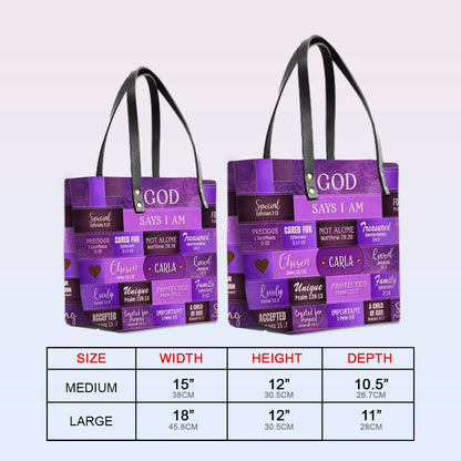 GOD Says I Am - Personalized Christian Leather Tote – God Says I Am Bible Verse Handbag – Free Clutch Purse Gift | CHRISTIANARTBAG
