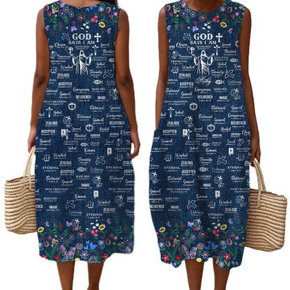 Christian Faith Dress for Women – “God Says I Am” Denim Print Maxi Dress with Bible Verses | Inspirational Religious Summer Dress