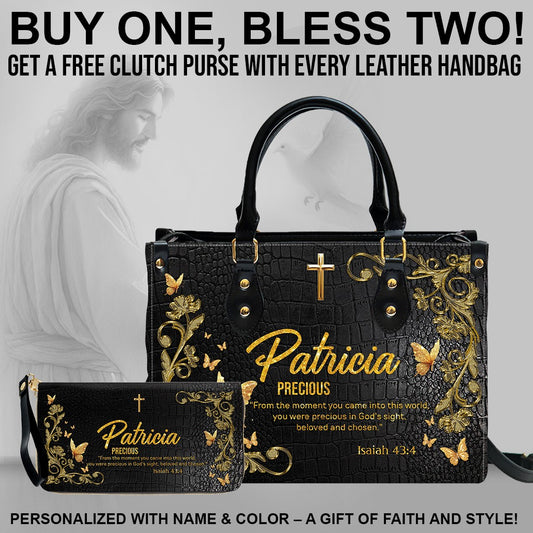 Personalized Christian Leather Handbag with Free Clutch – Custom Name & Bible Verse Meaning – Luxury Faith Gift for Women