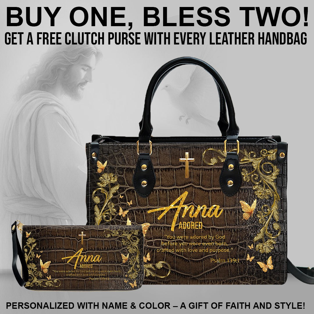 Personalized Christian Leather Handbag with Free Clutch – Custom Name & Bible Verse Meaning – Luxury Faith Gift for Women